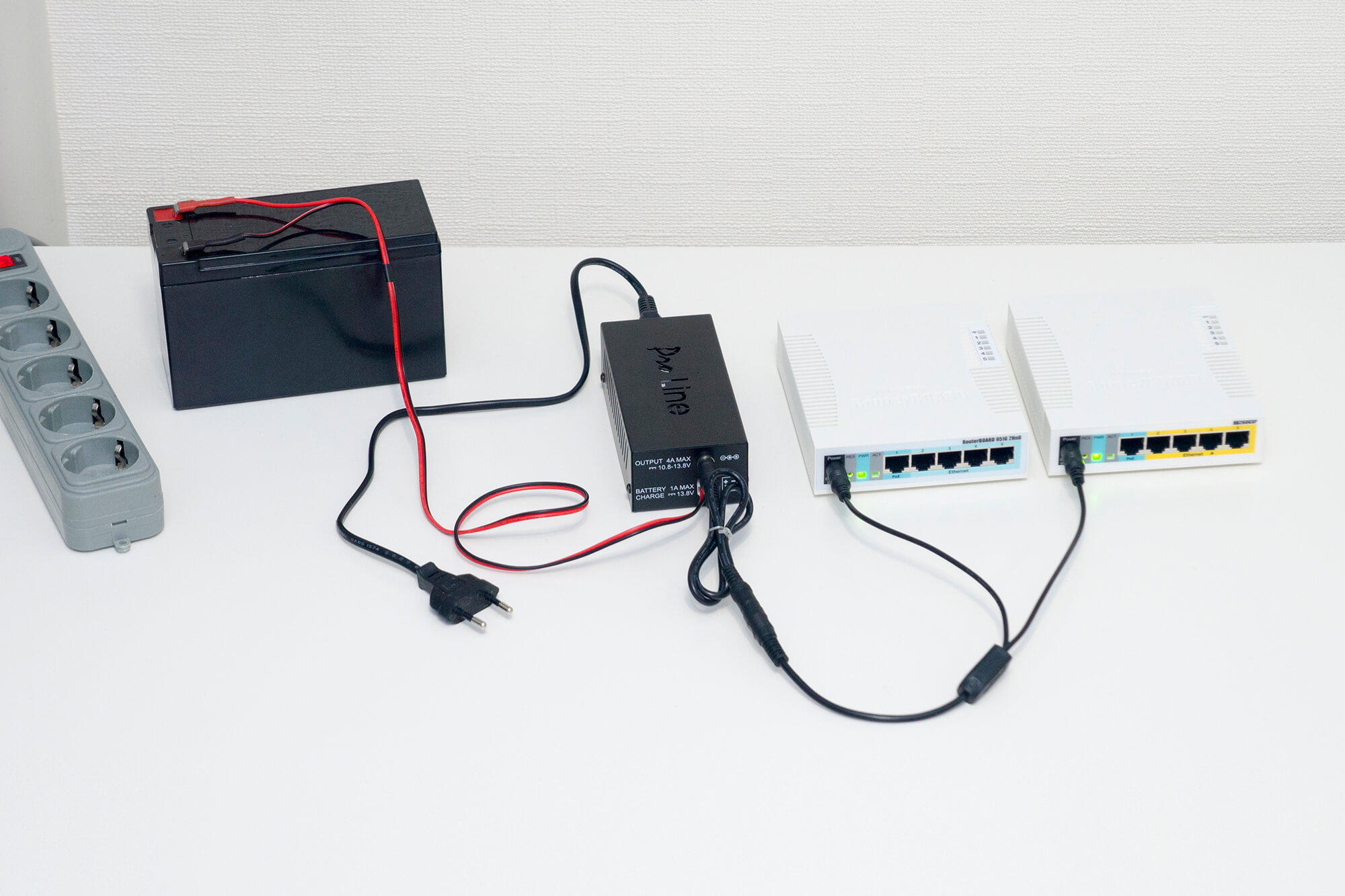 Use DC splitter 1x2 to power router and switch by DC UPS 60W